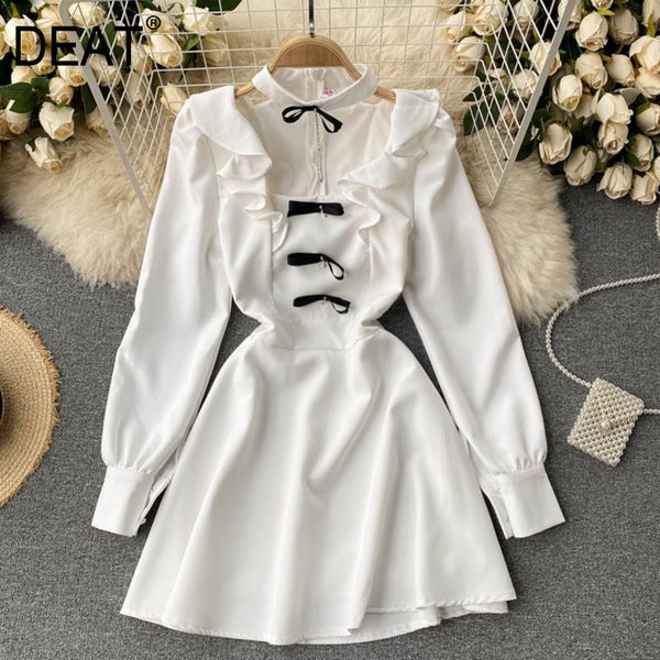 

spring solid color long sleeve contrast bow high waist slim a-line office lady style dress mz354 210525, Black;gray