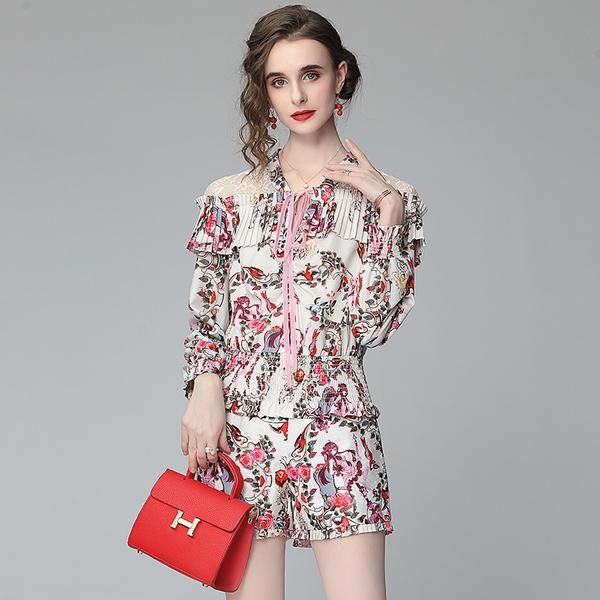 

women's tracksuits elegant temperament ladies lace splicing v-neck bow ruffles shirt all-match high waist wide leg shorts fashion print, Gray