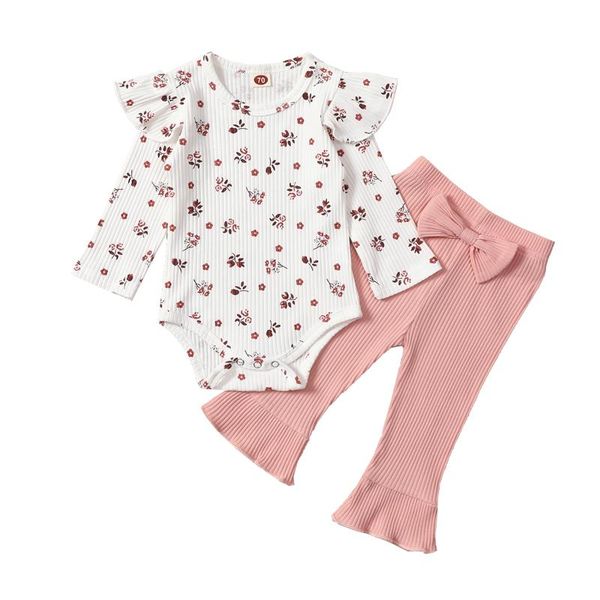 

clothing sets 0-24m autumn born infant baby girls floral clothes set long sleeve ruffle romper flare pants spring outfits, White