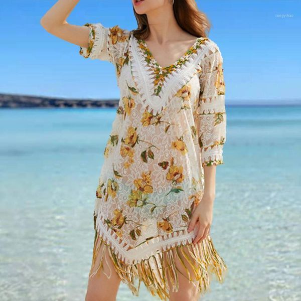 

women's swimwear beach dress 2021 summer half sleeve v-neck loose crochet hollow backless cover ups for women beachwear lace, White;black