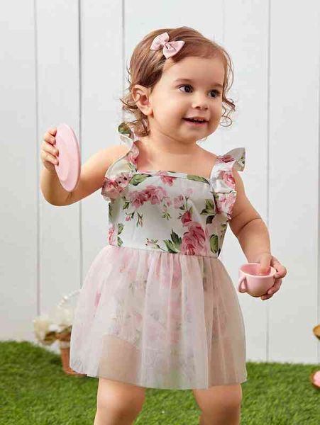 

baby floral print ruffle trim mesh panel bodysuit she, Blue