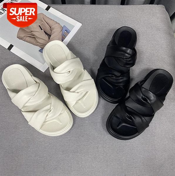 

slippers women's outer wear net red casual thick-soled sponge cake sandals and ins tide cross flip-flops #lc2b, Black