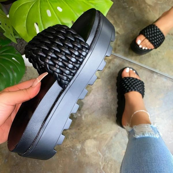 

summer 6 colors sandals open toe mid heel fashion woven slippers solid color outdoor women's shoes plus size 43, Black