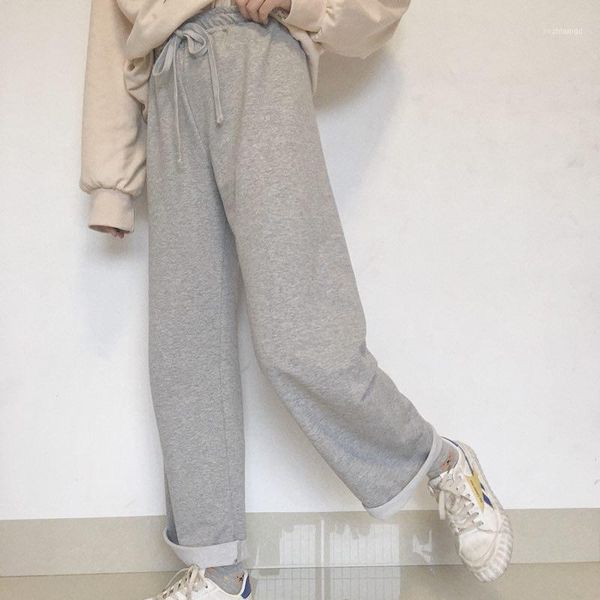 

women's pants & capris autumn winter japanese loose elastic wide-leg solid color all-match casual trousers women straight leg sweatpant, Black;white