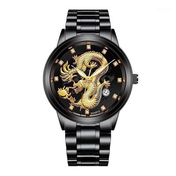 

wristwatches luxury men steel strap wristwatch golden dragon figure fashion domineering quartz watch business automatic gift man, Slivery;brown