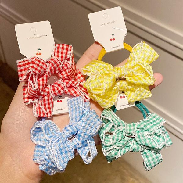 

hair accessories 2pcs cute plaid cloth bow elastic bands ponytail holder rubber band baby kid children scrunchy girls, Slivery;white