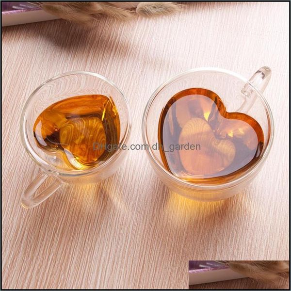 Tazze Cucina Sala da pranzo Bar Casa Giardino tazze Tazza di vetro a forma di cuore d'amore Tazza a doppia parete resistente Kungfu Milk Juice Cup Drinkware Lover Coffee Cu