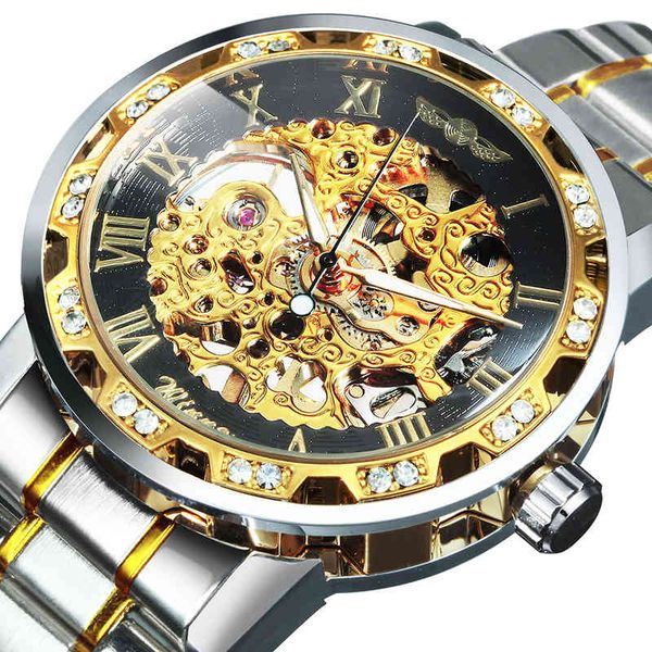 

winner transparent fashion diamond luminous royal design mens watches brand luxury male mechanical skeleton gold wrist watch, Slivery;brown