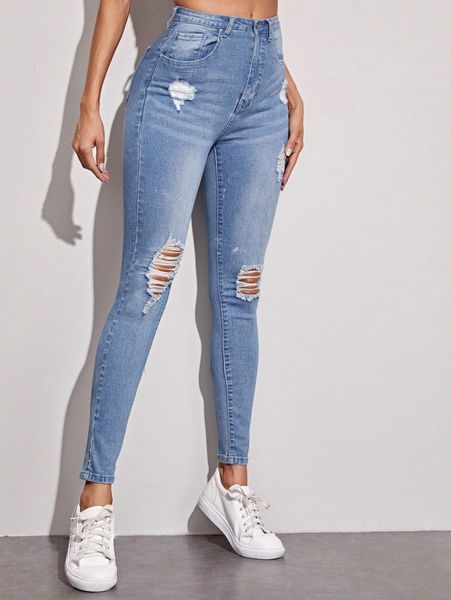 

high-waisted distressed skinny jeans c5xy#, Blue