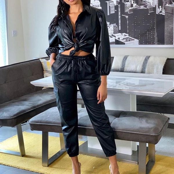 

two piece dress plus size casual women leather outfits button autumn long sleeve bandage crop pants black pu sets 2021 winter 2pcs, White