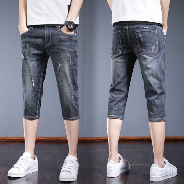 

jeans 7-point shorts men's fashion 2021 summer thin hole pants casual trend, Blue
