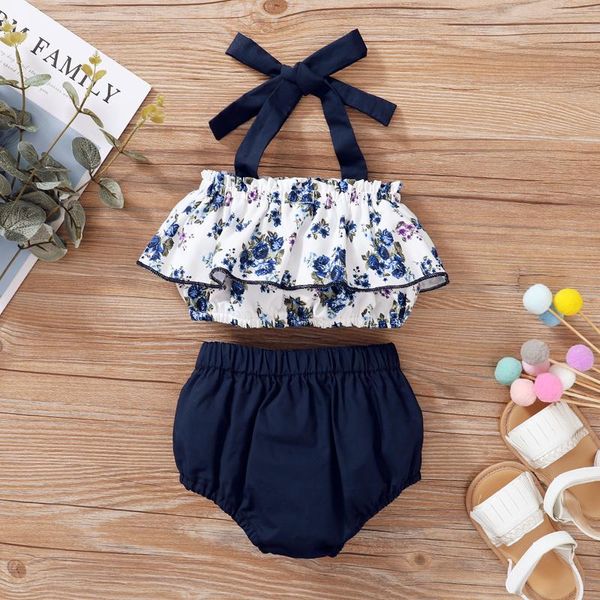 

clothing sets infant camisole + shorts, ruffle decoration with flower print sweet style 2pcs outfits summer baby girl clothes est 2021, White