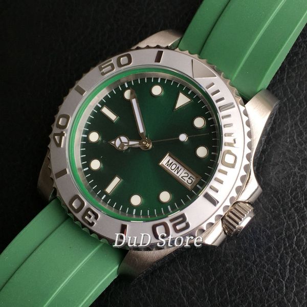 

bliger 40mm men's watch bright green ironing board rustless case green rubber strap ceramics bezel nh36 automatic mechanical watches, Slivery;brown