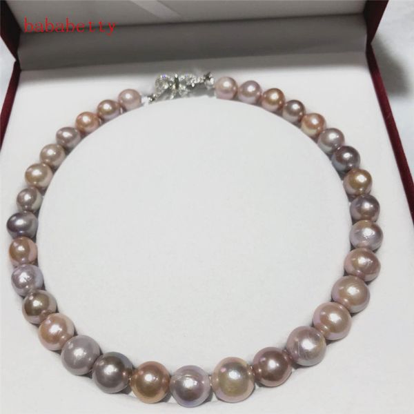 

fashion necklaces natural 12-13mm multicolor baroque edison freshwater cultured nuclear pearl beautiful necklace bowknot is clasp 18", Silver