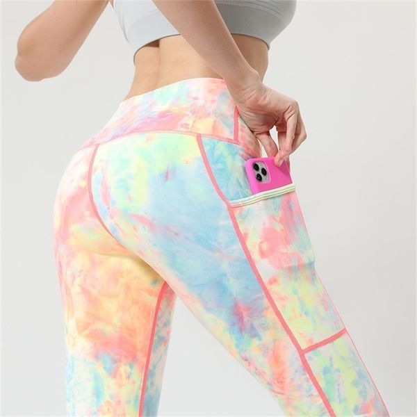 

pocket tie dye leggings women high waist gym sports fitness push up pants workout running leggins 211204, Black