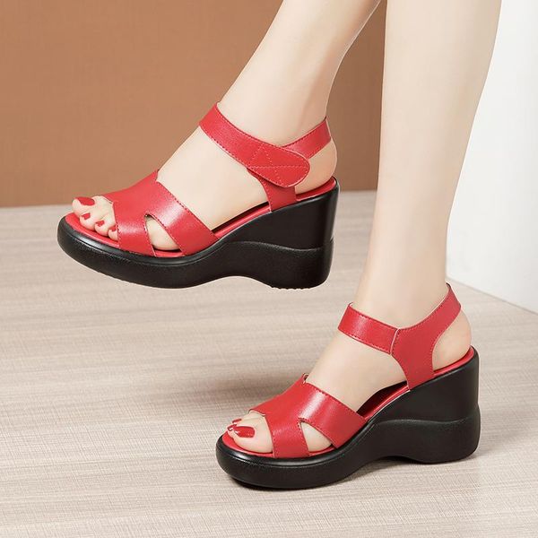 

wedges heel 8cm high sandals ladies 2021 summer platform large model catwalk red size 32-43, Black