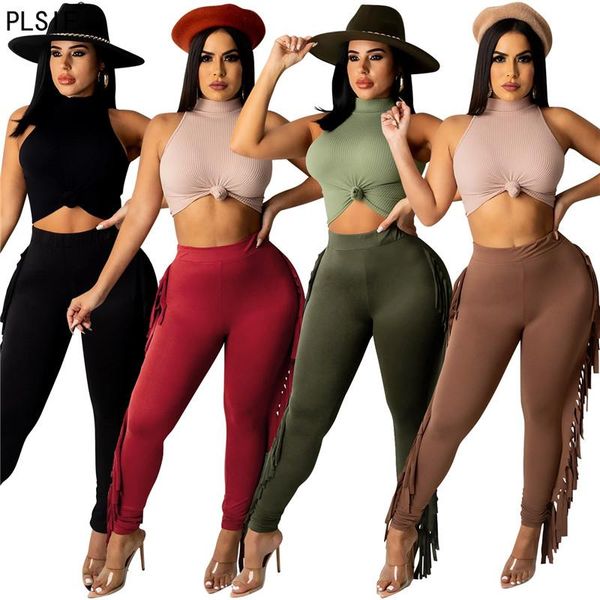 

women's two piece pants women sleeveless round neck thread vest elastic waist tassel stitching feet street fashion trousers set autumn, White