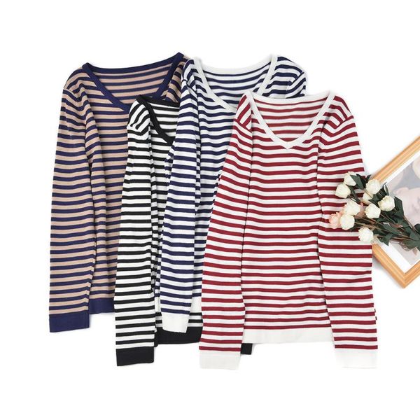 

women's sweaters long sleeve knitted warm sweater shirt women pullover 2021 korean oversize v-neck elasticity slim fit striped casual c, White;black