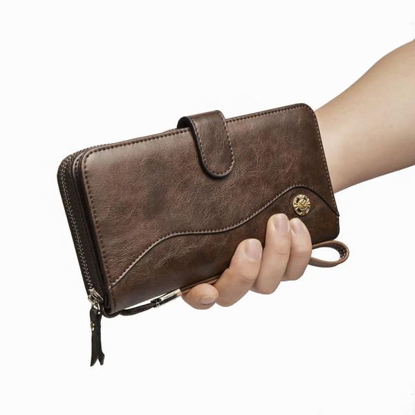 

men's leather long wallet vintage solid male purses 2021 wrist strap coin purse card holder hasp clutch bag wallets, Red;black