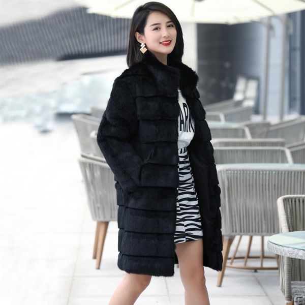 

women's fur & faux 2021 women whole skin 100% genuine real coat stripe line natural overcoat mandarin collar wholesale wsr351, Black