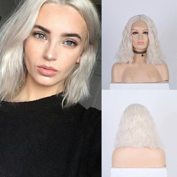 

synthetic wigs aimeya short wig bob platinum blonde heat resistant glueless lace front with middle part wavy, Black