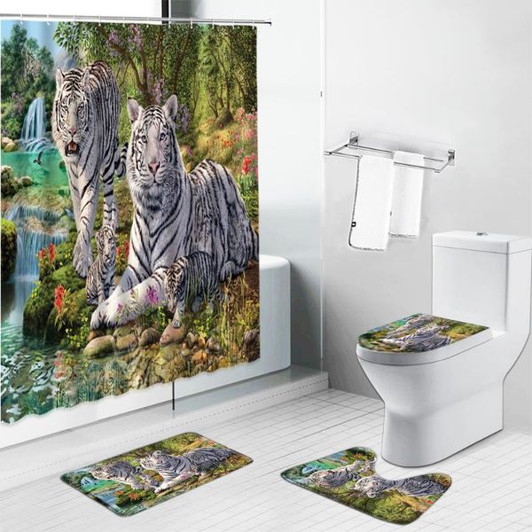 

shower curtains white tiger animals printed set bathroom bathing screen anti-slip toilet lid cover rug kitchen carpet home decor