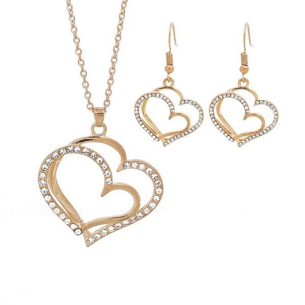 

earrings & necklace double love peach heart-shaped jewelry set wedding dinner dress pendant, Silver