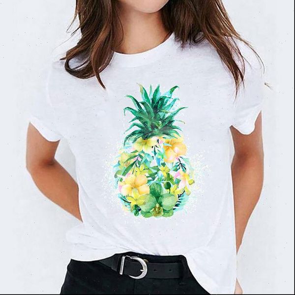 

graphic pineapple watercolor cartoon womens t shirt short sleeve print tee, White