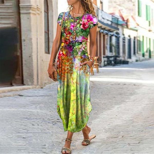 

women's swimwear ladies bohemian dress women printed slim short sleeve long split mid-length beach summer vestidos mujer verano 2021, White;black