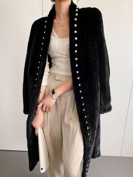 

arlenesain long pearl black women coat winter1
