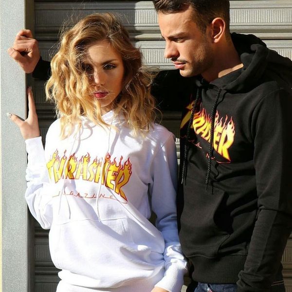 

spring and fall hoodies for men with women 21ss fashion the flame print pattern couples hoodie, Black