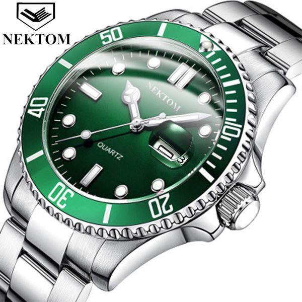 

high grade men's watch green water ghost steel band fashion quartz luminous waterproof, Slivery;brown