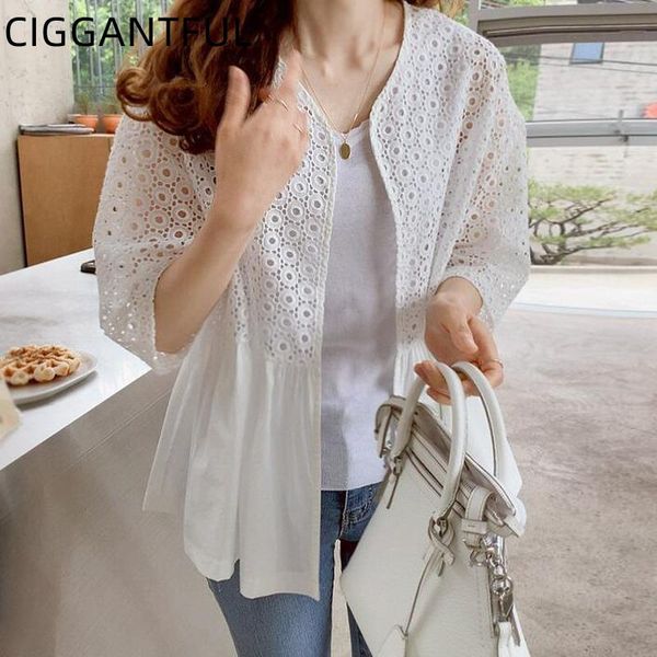 

women's jackets cotton embroidered summer sweet hollow stitching thin half sleeve sunscreen jacket 2021 women solid color coat casual o, Black;brown