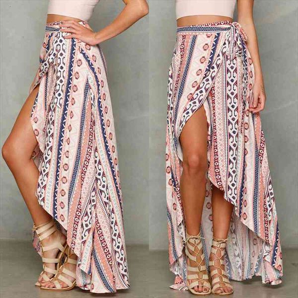 

summer boho kaftan bandage women skirts chiffon split long maxi beach casual ladies, Black