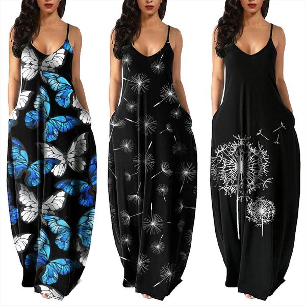 

summer maxi loose butterfly printing womens dress sleeveless cami pockets beach sundress vestidos, Black;gray