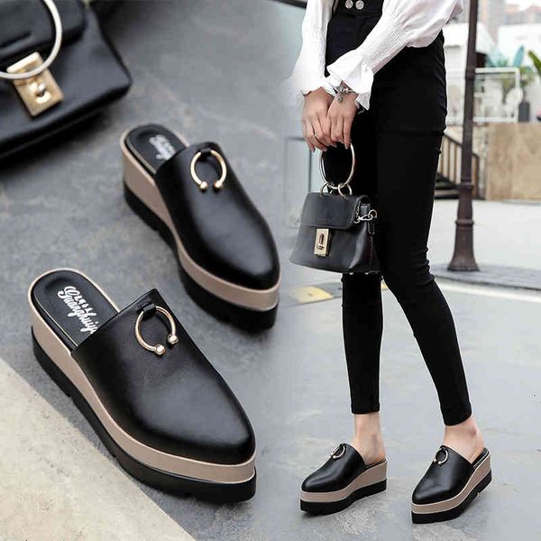 

slippers woman wedges slipper mules platform pointed toe shoes metal decoration heels slides summer sandals zapatos mujer black lo brcu