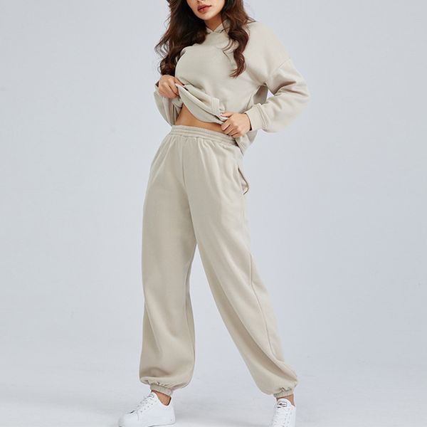 

casual women fleece two piece sets pullover hoodie and elastic jogging pant suits autumn winter loose streetwear tracksuit, White