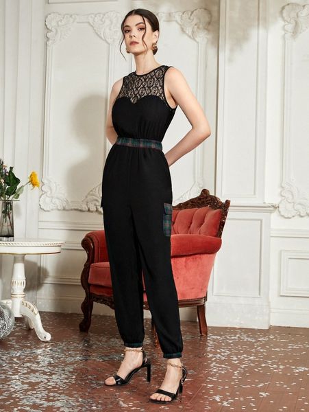 

x guyot & poon lace yoke plaid paneled jumpsuit y79z#, White