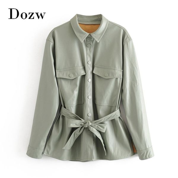 

women fashion faux leather jacket with belt ladies long sleeve streetwear jackets loose casual pockets outwear coat 210515, Black