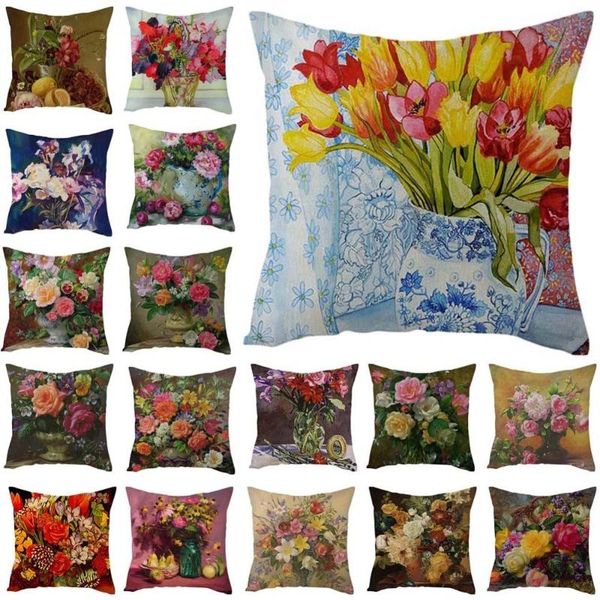 

pillow case 18" linen cushion cover rose flower pattern printing for home chair sofa guestroom living room office decoration pillowcase