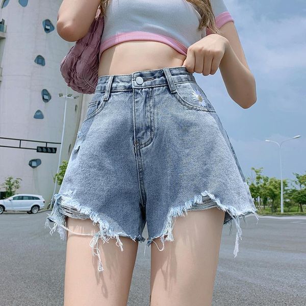 

women's jeans denim shorts summer fresh daisy high waist students pants loose wide leg holes show thin short, Blue