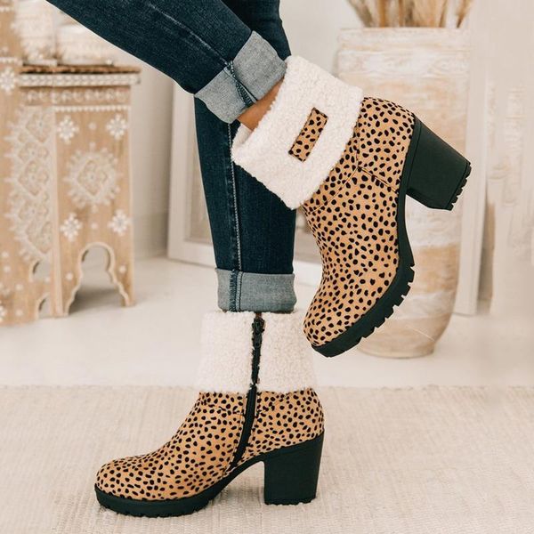 

boots 2021 winter women's high-heeled round-toe thick-heeled with velvet warmth and hairy short, Black