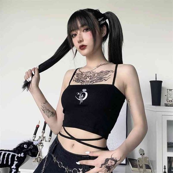 

streetwear moon mbroidery knitt camisole gothic women sleeveles slim lace up tank summer new harajuku 210407, White