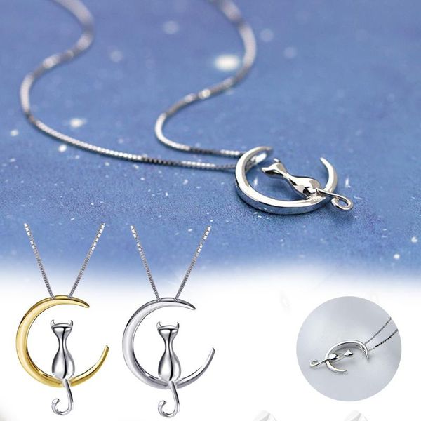 

pendant necklaces fashion cute animal cat moon necklace charm gold silver color box chain kitten pet lucky jewelry for women gift