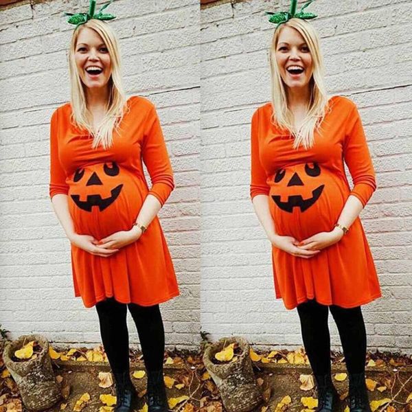 

maternity dresses women mom dress casual pregnant nursing halloween pumpkin fashion clothes floral printed for baby shower, White