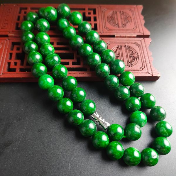 Fornecimento Birmânia Jade Jade Seco Ferro Verde Longsheng Round Beads Colar Cheio de Verde Verde Rodada Grânulos Colar de Jóias Womens Atacado