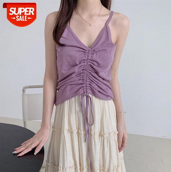

[ou fan] 7243 drawstring strap halter women's cropped vest v-neck korean slim #3k58, Black;gray