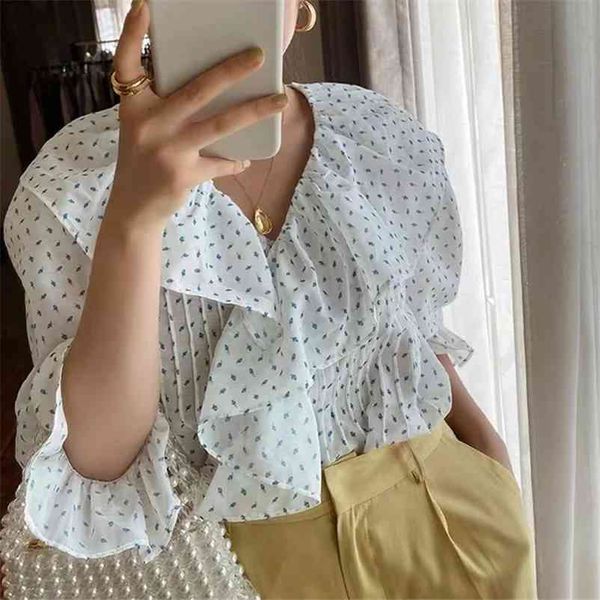 

foridol vegetable print ruffle v neck long sleeve chiffon white blouse shirts women vintage casual loose short blusa mujer 210415