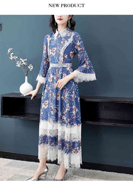 

vintage runway floral print women elegant flare sleeve ladies lace patchwork chiffon vestidos summer slim waist female long dress, Black;gray
