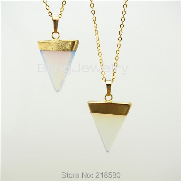 

sn-007 opal quartz triangle pendant necklace gold or silver plated necklaces